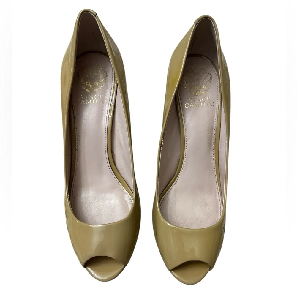 Vince Camuto Kira Blush Nude Patent Leather Tan Peep-Toe Heels